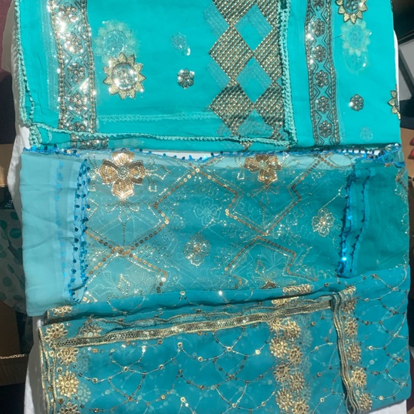 Set of 3 Vintage Embroidered Dupattas, Shades of BlueGreen, lots of bling, GUC - Picture 1 of 5